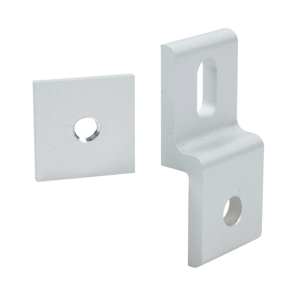 162917 - FATH panel holder, silver, anodized aluminum, slot size 8. For use with all 30mm and 60mm profile T-slotted rails. Backing plate included. Manufacturer part number: 093P30LN.