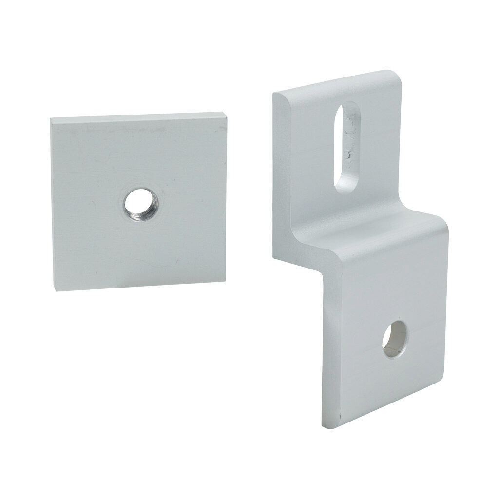 162918 - FATH panel holder, silver, anodized aluminum, slot size 8. For use with all 40mm and 80mm profile T-slotted rails. Backing plate included. Manufacturer part number: 093P40LN.