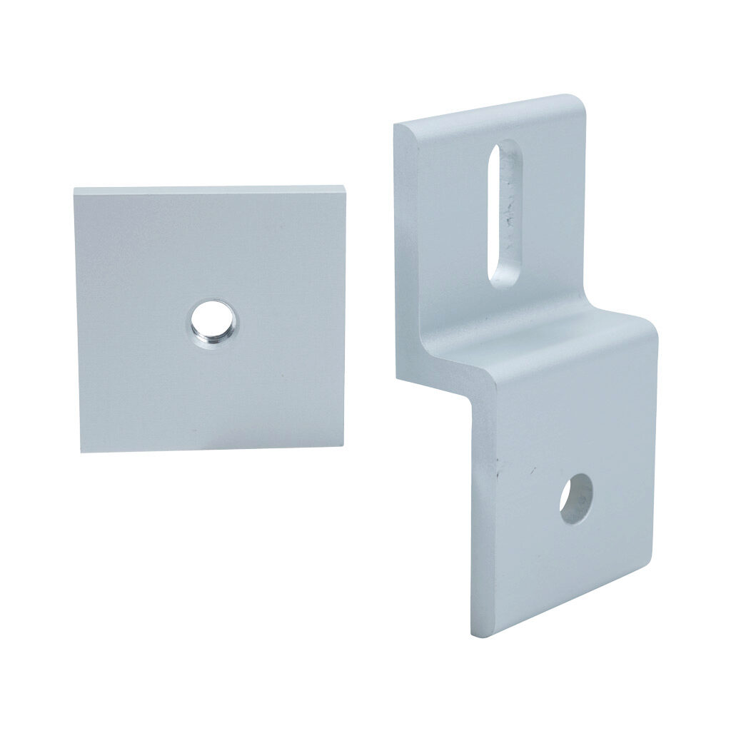 162919 - FATH panel holder, silver, anodized aluminum, slot size 10. For use with all 45mm and 90mm profile T-slotted rails. Backing plate included. Manufacturer part number: 093P45LN.