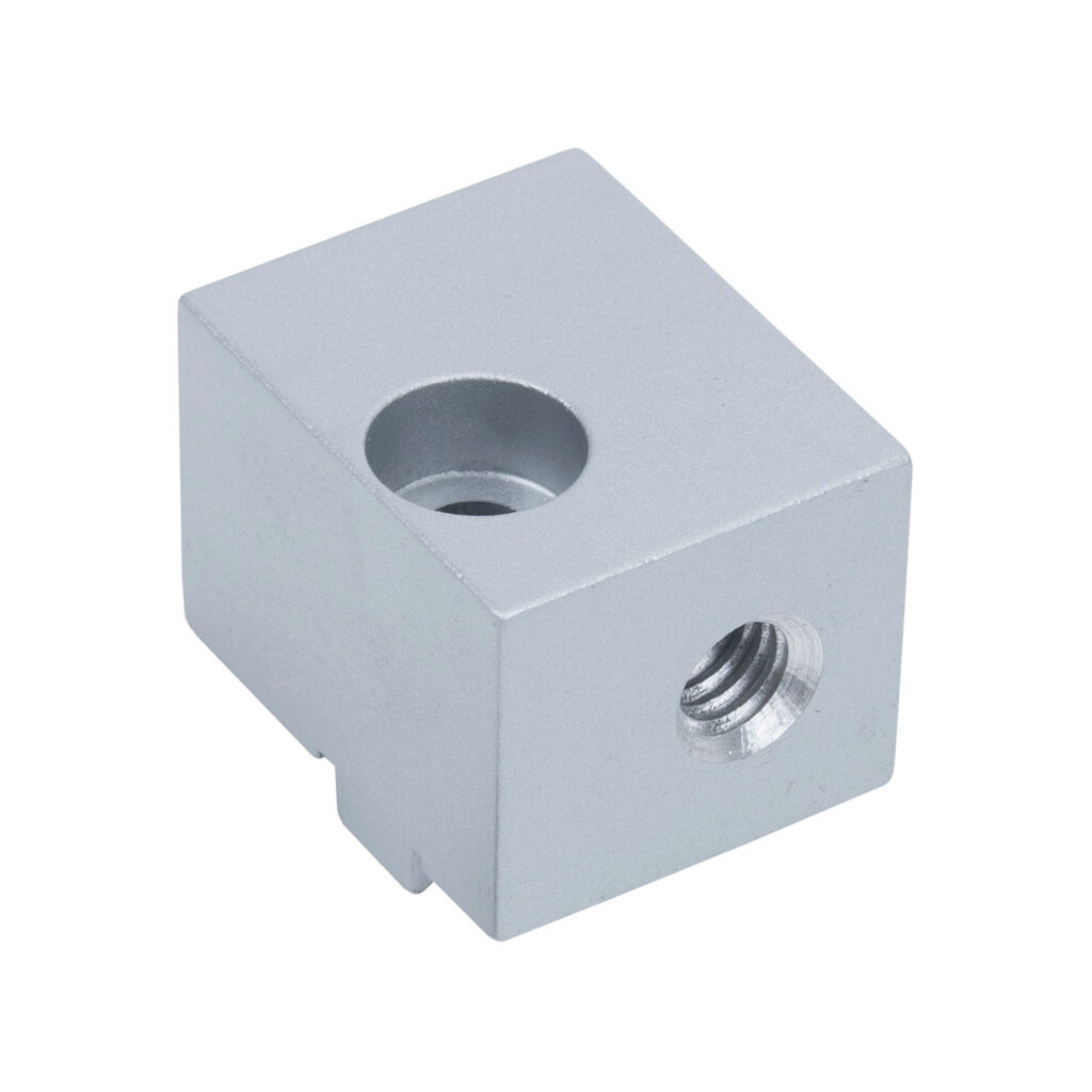 162922 - FATH panel mount block, silver, lacquered aluminum, slot size 8. For use with all 1.5in and 3in profile T-slotted rails. Mounting hardware included. Manufacturer part number: 094A3808.