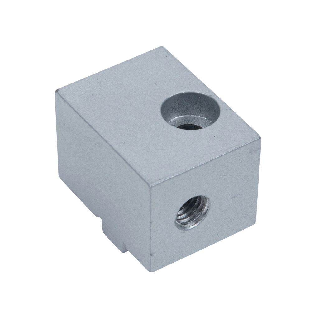 162924 - FATH panel mount block, silver, lacquered aluminum, slot size 8. For use with all 40mm and 80mm profile T-slotted rails. Mounting hardware included. Manufacturer part number: 094A4008.