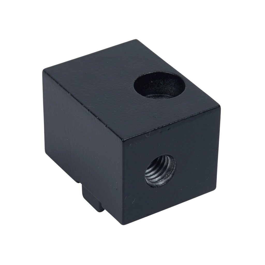 162925 - FATH panel mount block, black, powder-coated aluminum, slot size 8. For use with all 40mm and 80mm profile T-slotted rails. Mounting hardware included. Manufacturer part number: 094A4008S.