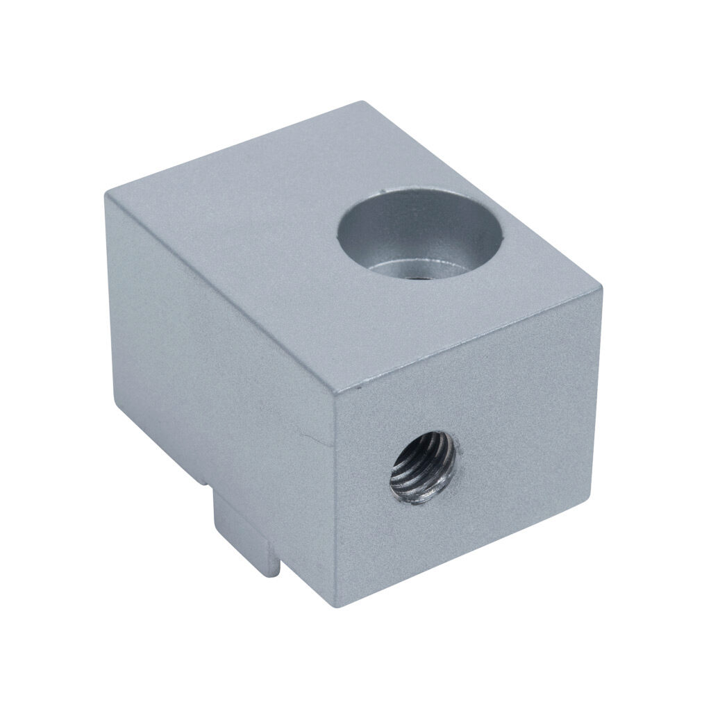 162926 - FATH panel mount block, silver, lacquered aluminum, slot size 10. For use with all 45mm and 90mm profile T-slotted rails. Mounting hardware included. Manufacturer part number: 094A4510.
