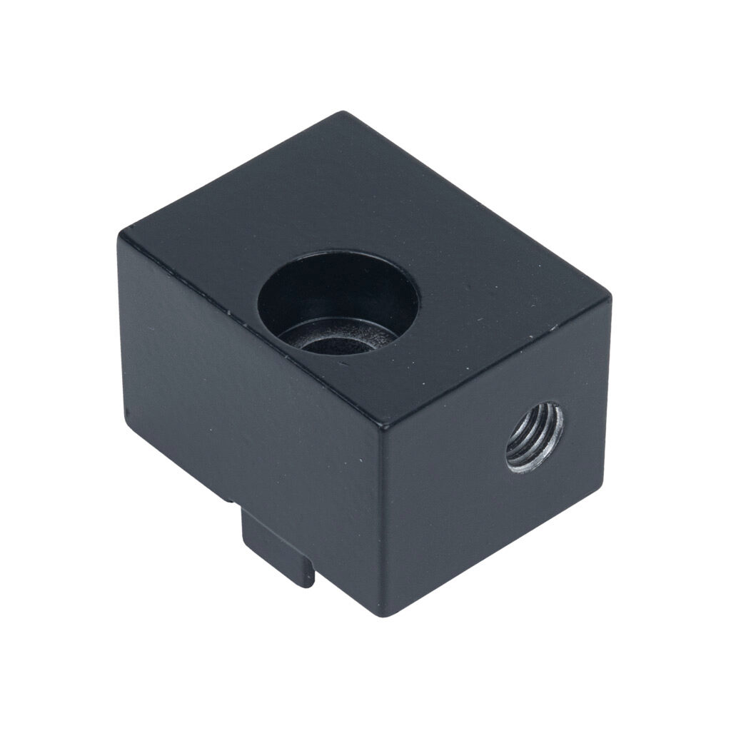 162927 - FATH panel mount block, black, powder-coated aluminum, slot size 10. For use with all 45mm and 90mm profile T-slotted rails. Mounting hardware included. Manufacturer part number: 094A4510S.