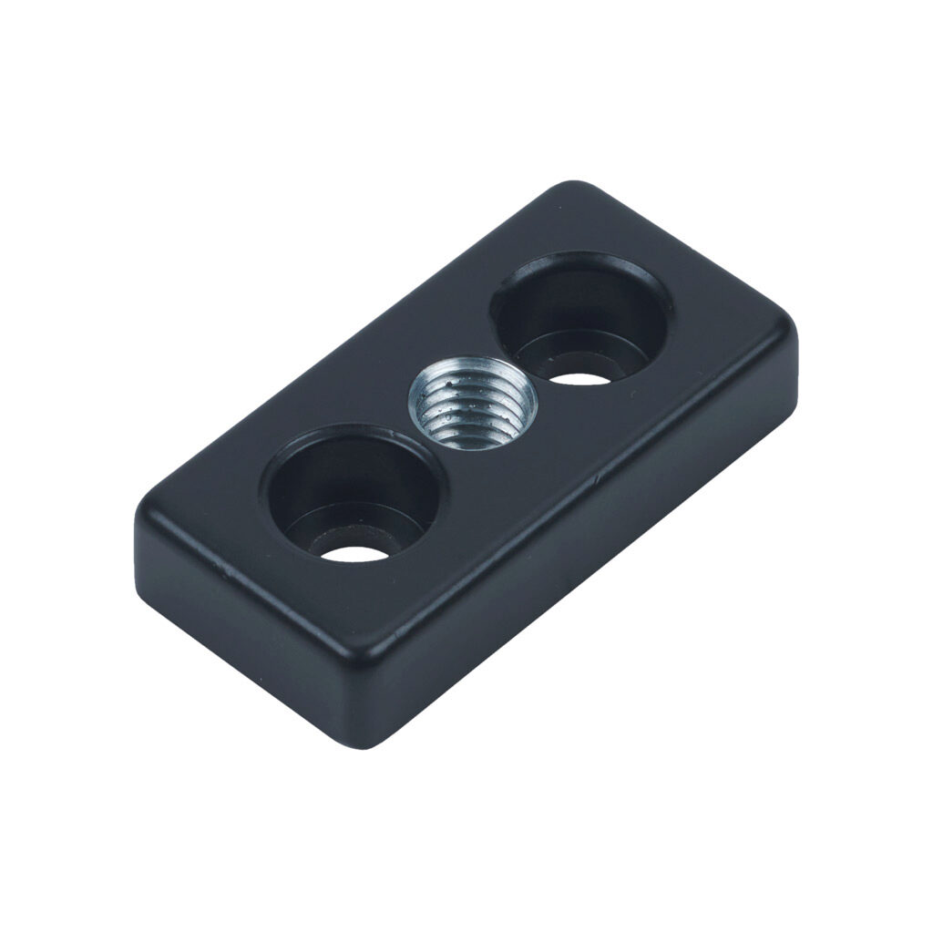 162942 - FATH transport/base plate, black, 30 x 60mm, M12-1.75, die-cast zinc, slot size 8. For use with 30 x 60mm T-slotted rails. Mounting hardware included. Manufacturer part number: 093T30601208S.
