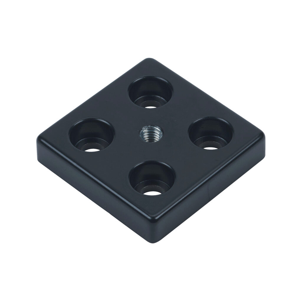 162943 - FATH transport/base plate, black, 60 x 60mm, M8-1.25, die-cast zinc, slot size 8. For use with 60 x 60mm T-slotted rails. Mounting hardware included. Manufacturer part number: 093T60600808S.