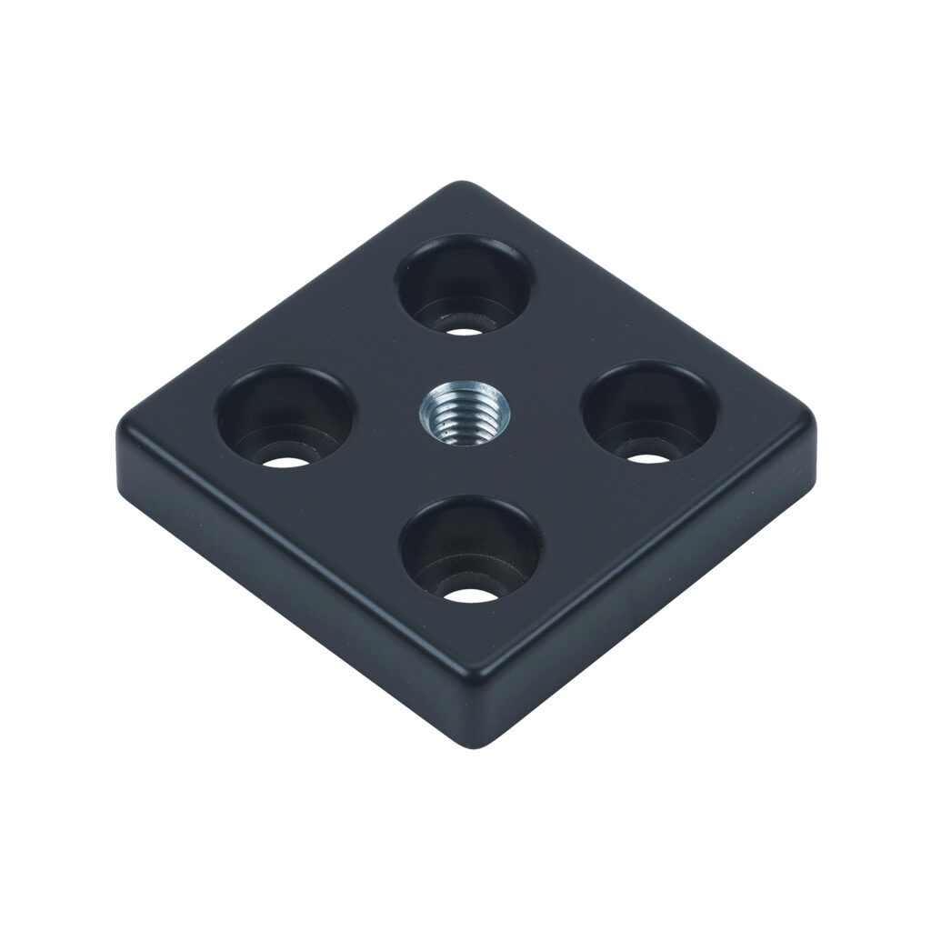 162944 - FATH transport/base plate, black, 60 x 60mm, M10-1.5, die-cast zinc, slot size 8. For use with 60 x 60mm T-slotted rails. Mounting hardware included. Manufacturer part number: 093T60601008S.