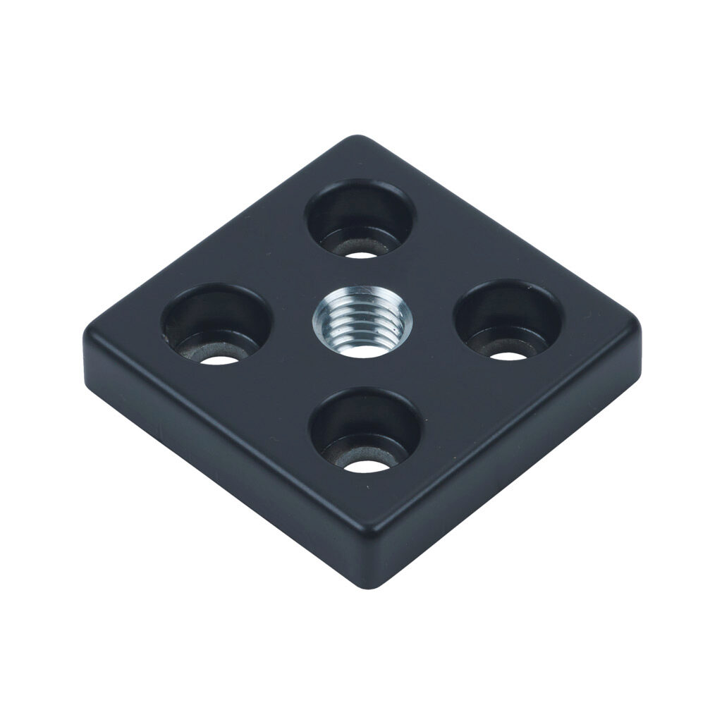 162946 - FATH transport/base plate, black, 60 x 60mm, M14-2.0, die-cast zinc, slot size 8. For use with 60 x 60mm T-slotted rails. Mounting hardware included. Manufacturer part number: 093T60601408S.