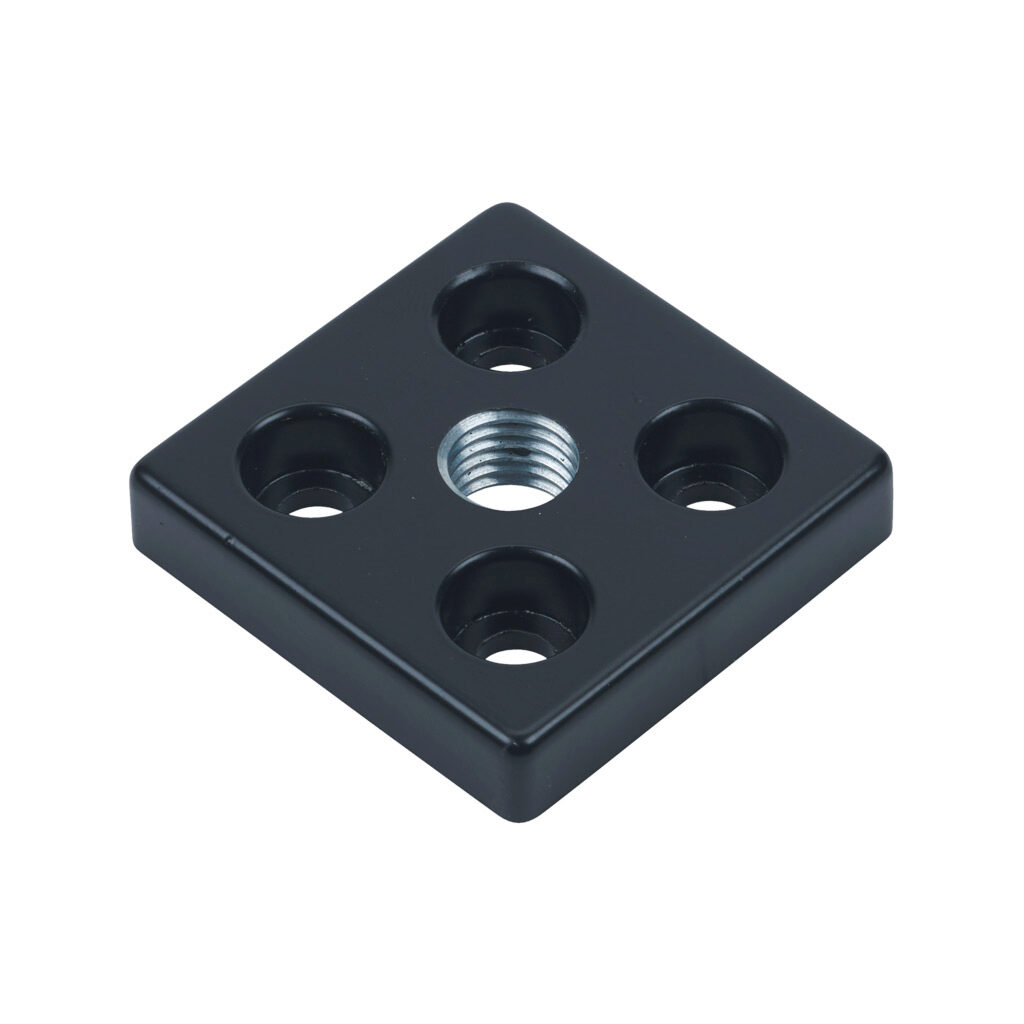 162947 - FATH transport/base plate, black, 60 x 60mm, M16-2.0, die-cast zinc, slot size 8. For use with 60 x 60mm T-slotted rails. Mounting hardware included. Manufacturer part number: 093T60601608S.