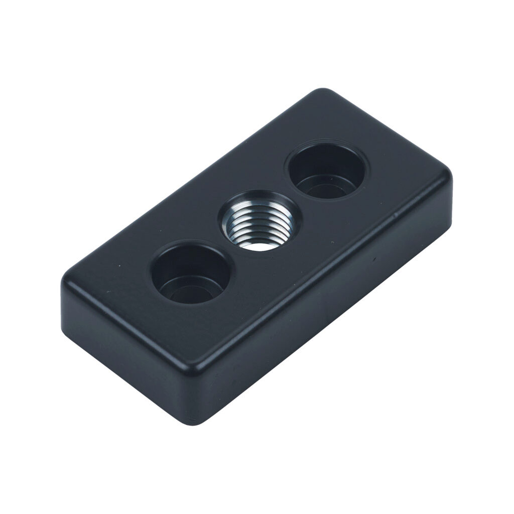 162948 - FATH transport/base plate, black, 40 x 80mm, M16-2.0, die-cast zinc, slot size 8. For use with 40 x 80mm T-slotted rails. Mounting hardware included. Manufacturer part number: 093T40801608S.