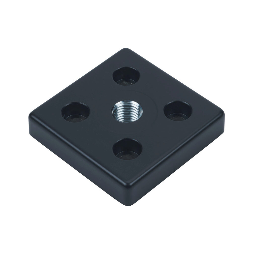 162949 - FATH transport/base plate, black, 80 x 80mm, M16-2.0, die-cast zinc, slot size 8. For use with 80 x 80mm T-slotted rails. Mounting hardware included. Manufacturer part number: 093T80801608S.