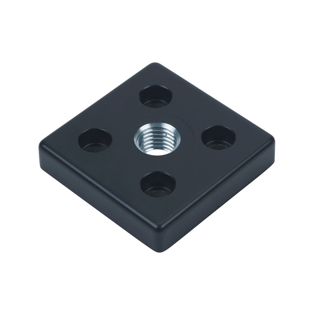 162950 - FATH transport/base plate, black, 80 x 80mm, M20-2.5, die-cast zinc, slot size 8. For use with 80 x 80mm T-slotted rails. Mounting hardware included. Manufacturer part number: 093T80802008S.