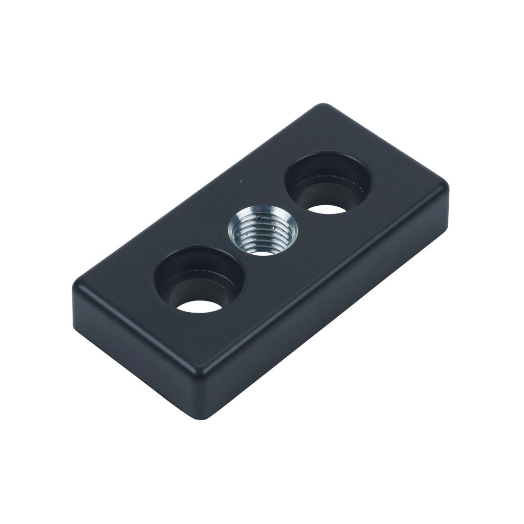 162951 - FATH transport/base plate, black, 45 x 90mm, M16-2.0, die-cast zinc, slot size 10. For use with 45 x 90mm T-slotted rails. Mounting hardware included. Manufacturer part number: 093T45901612S.