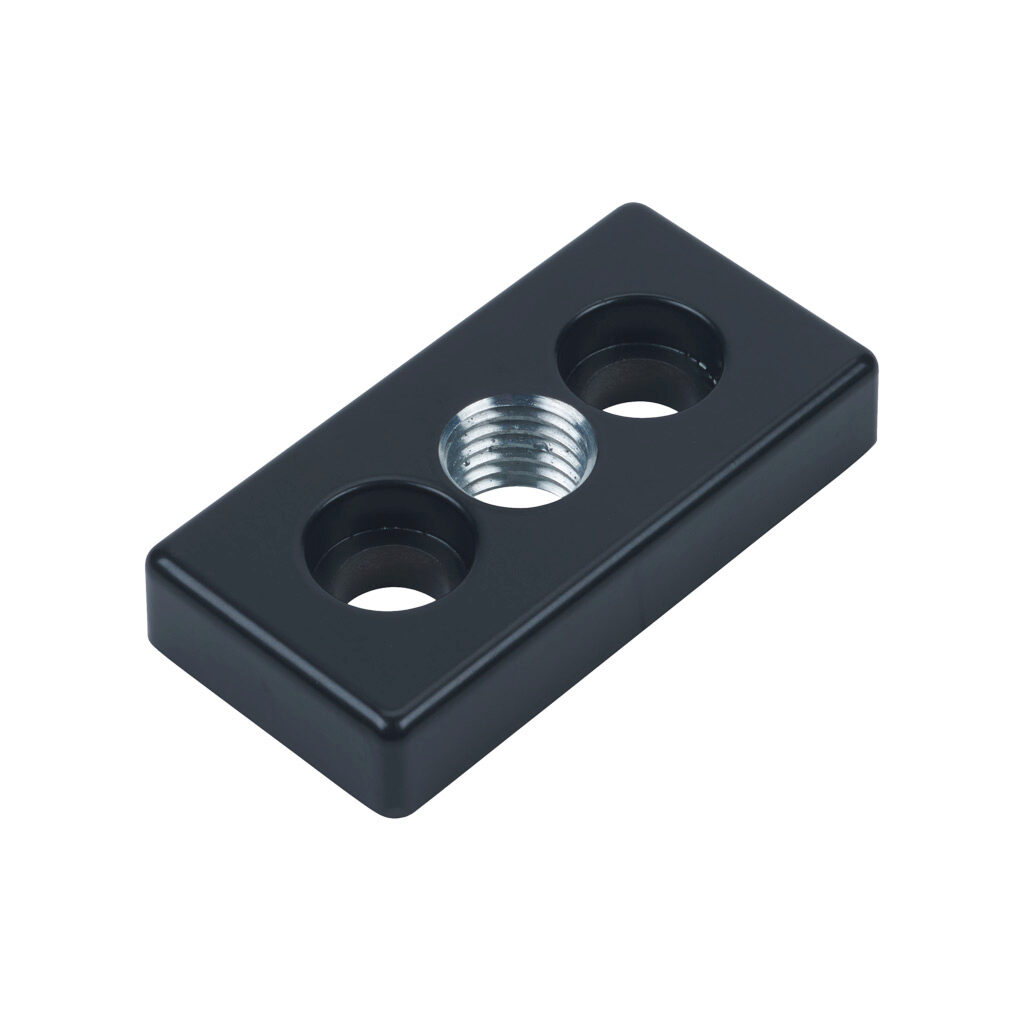 162952 - FATH transport/base plate, black, 45 x 90mm, M20-2.5, die-cast zinc, slot size 10. For use with 45 x 90mm T-slotted rails. Mounting hardware included. Manufacturer part number: 093T45902012S.