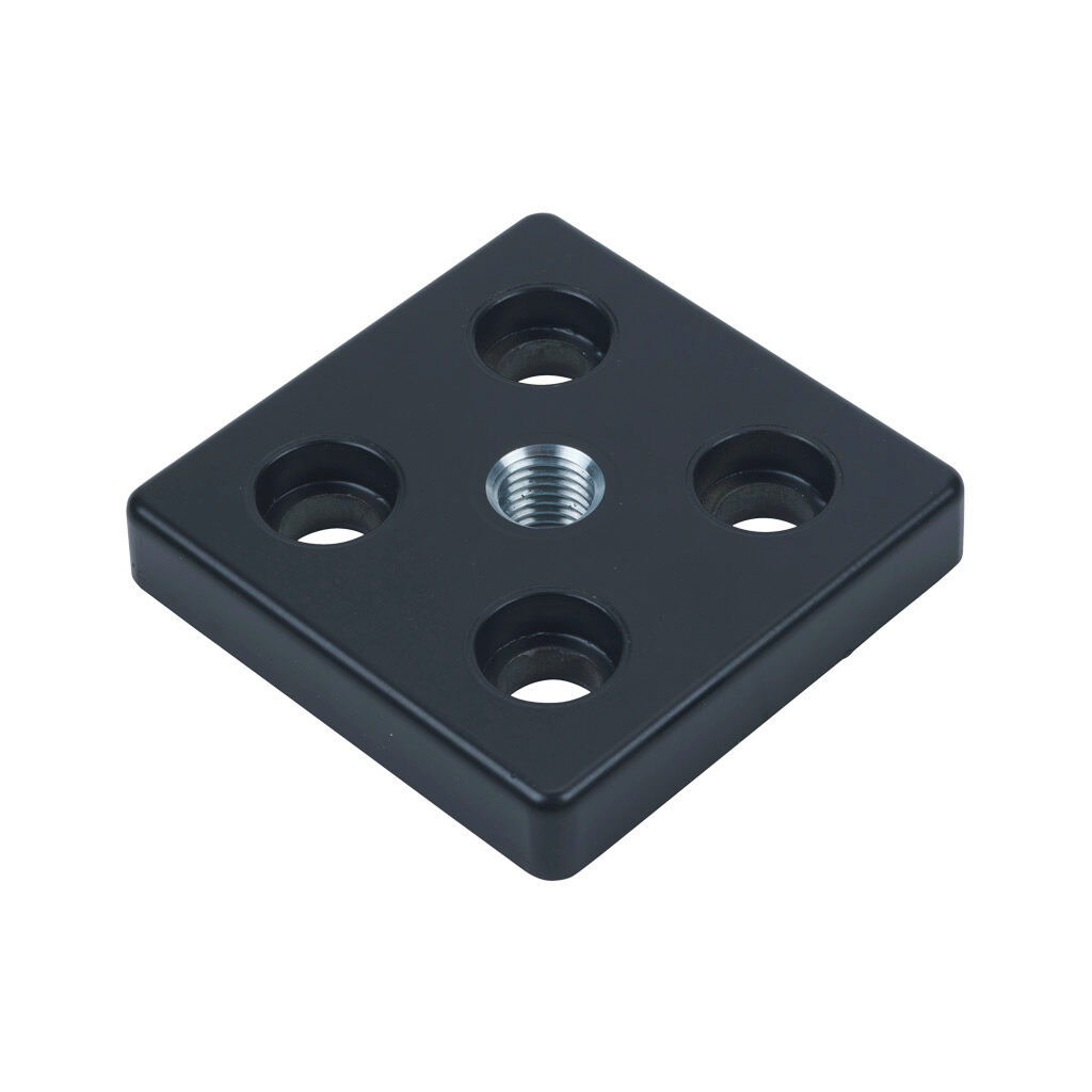 162953 - FATH transport/base plate, black, 90 x 90mm, M16-2.0, die-cast zinc, slot size 10. For use with 90 x 90mm T-slotted rails. Mounting hardware included. Manufacturer part number: 093T90901612S.