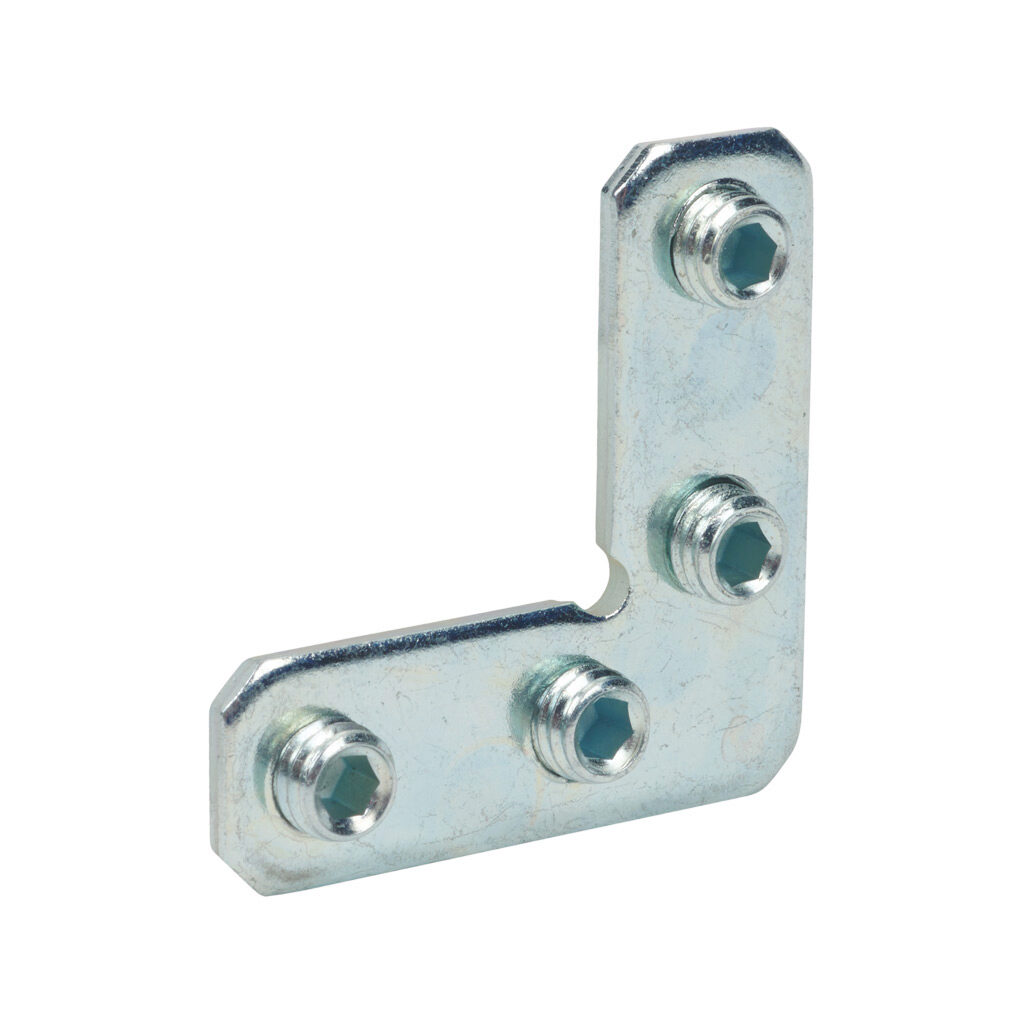 162961 - FATH miter connector, silver, 90-degree, 4 holes, M8-1.25, steel, slot size 8. For use with all 1.5in, 3in, 30mm, 40mm, 60mm and 80mm profile T-slotted rails. Manufacturer part number: 099GV0890.