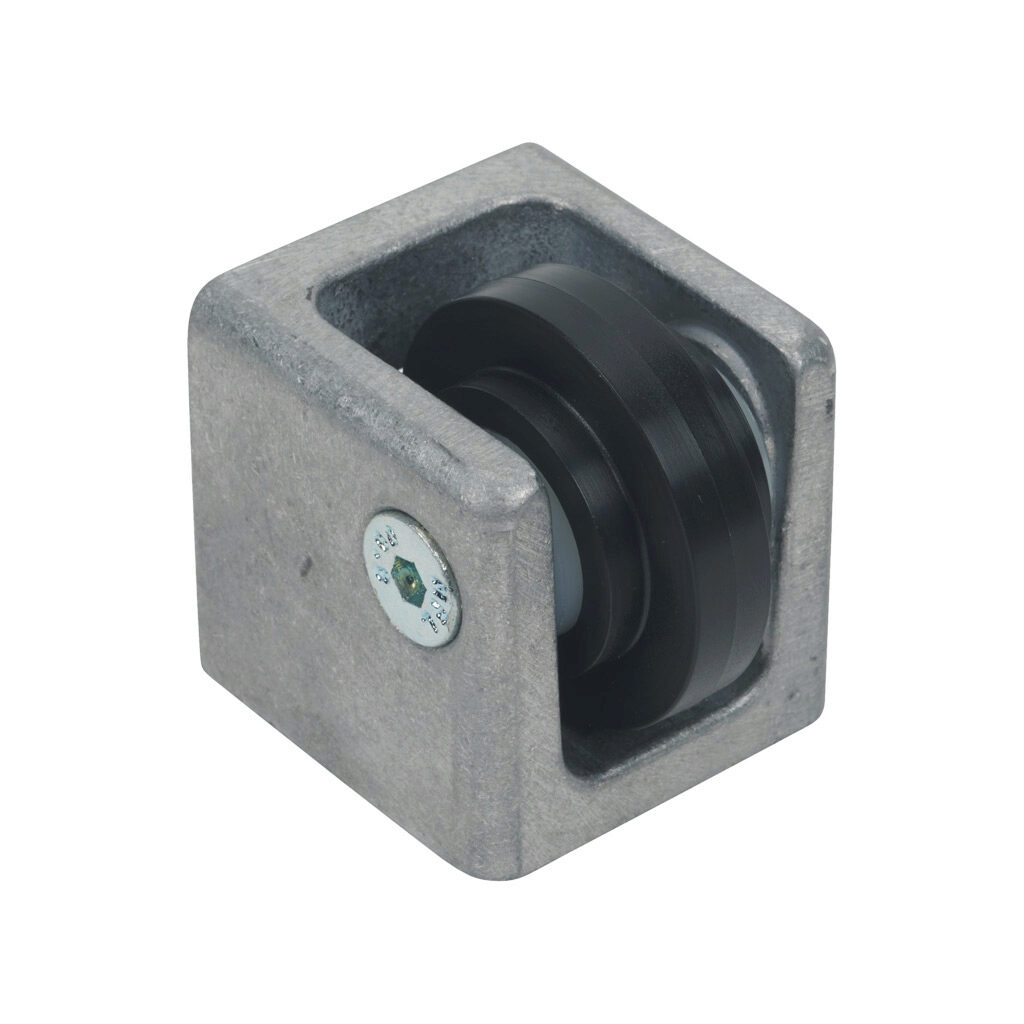 162971 - FATH sliding door guide, silver/black, die-cast aluminum/nylon, slot size 8. For use with all 40mm and 80mm profile T-slotted rails. Manufacturer part number: 093095.