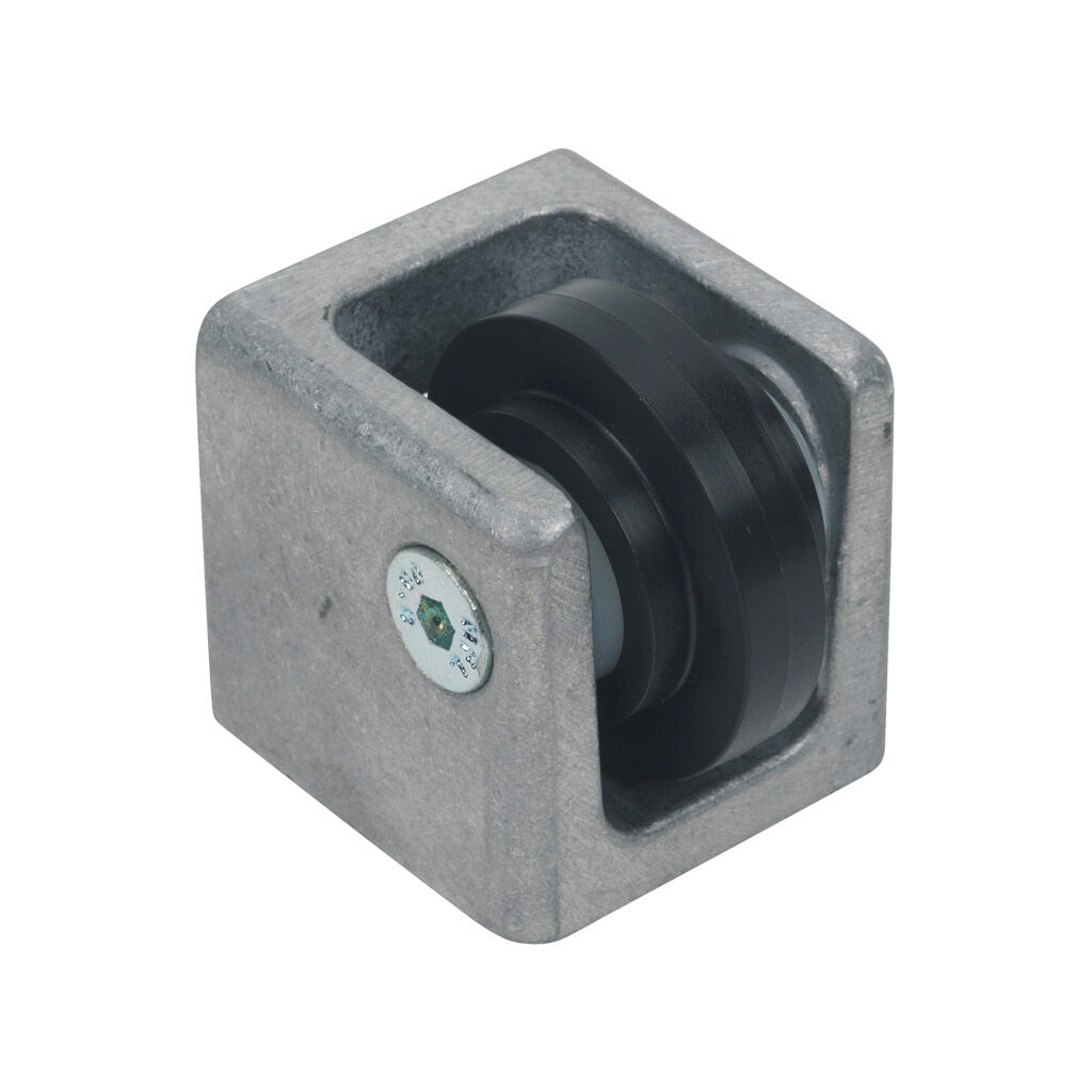 162972 - FATH sliding door guide, silver/black, die-cast aluminum/nylon, slot size 10. For use with all 45mm and 90mm profile T-slotted rails. Manufacturer part number: 093098.