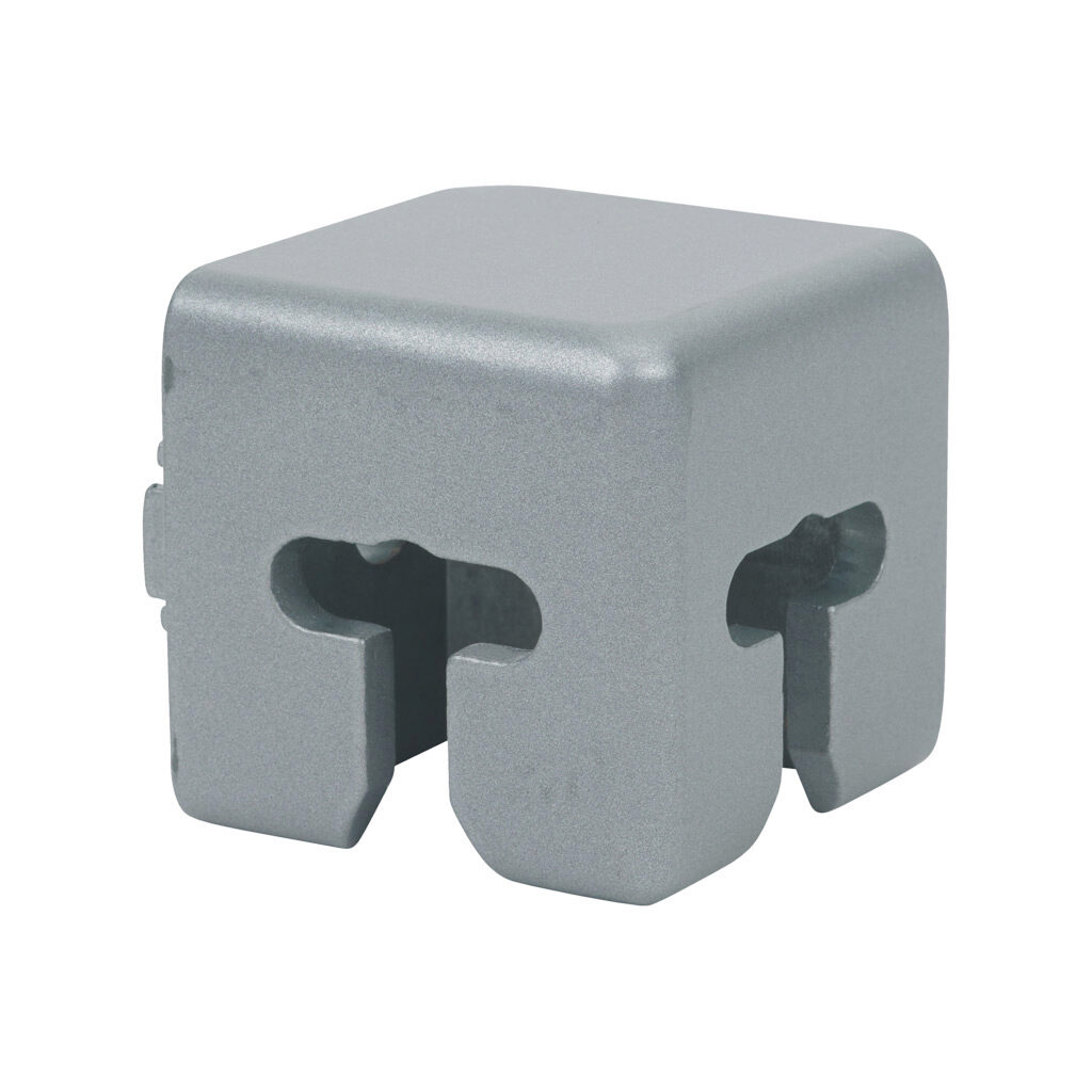 162975 - FATH clamp profile connector, silver, die-cast zinc, slot size 8. For use with 40 x 40mm profile T-slotted rails. (2) screws included. Requires FATH 162976 mounting element. Manufacturer part number: 093WWC401N08.