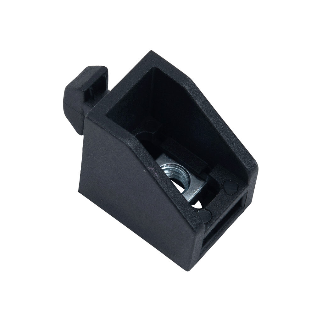 162978 - FATH panel uni-block, black, nylon, slot size 8. Package of 10. For use with all 1.5in, 3in, 40mm and 80mm profile T-slotted rails. Manufacturer part number: 094035M6.
