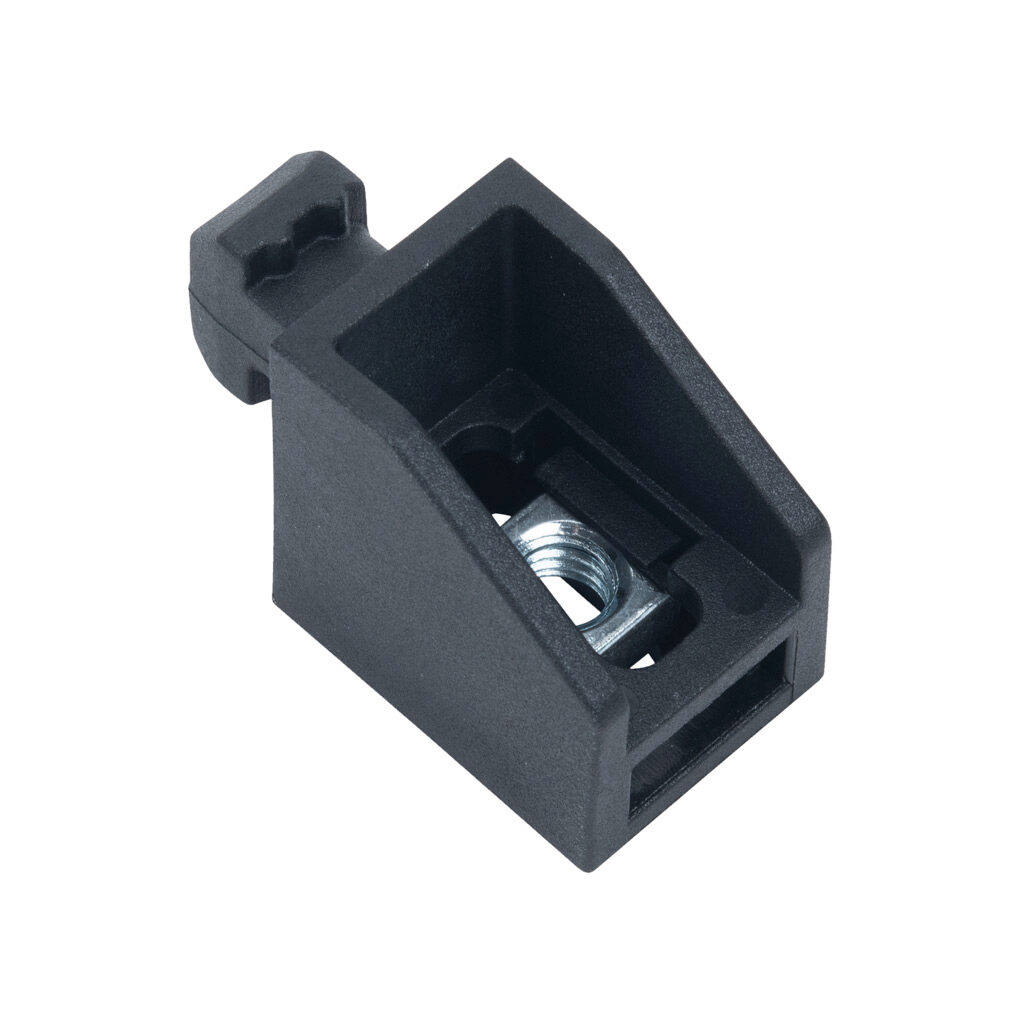 162980 - FATH panel uni-block, black, nylon, slot size 10. Package of 10. For use with all 45mm and 90mm profile T-slotted rails. Manufacturer part number: 094005M6.
