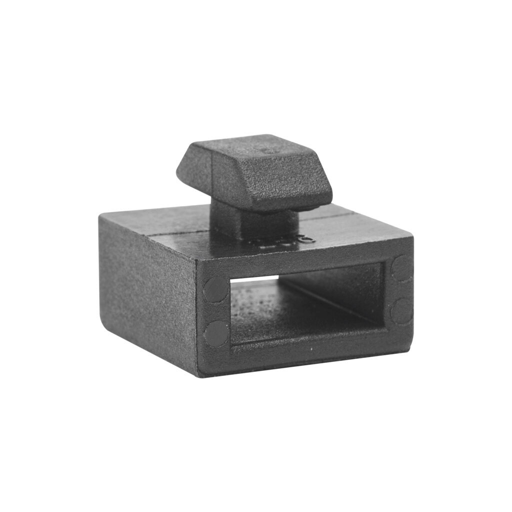 162983 - FATH cable binder block, black, nylon, slot size 8. Package of 10. For use with all 30mm and 60mm profile T-slotted rails. Manufacturer part number: 093058.