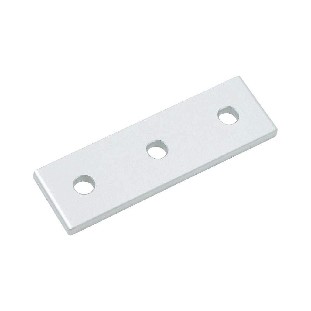 162985 - FATH straight flat plate, silver, 3 holes, anodized aluminum, slot size 8. For use with all 30mm and 60mm profile T-slotted rails. Manufacturer part number: 093VA3090.