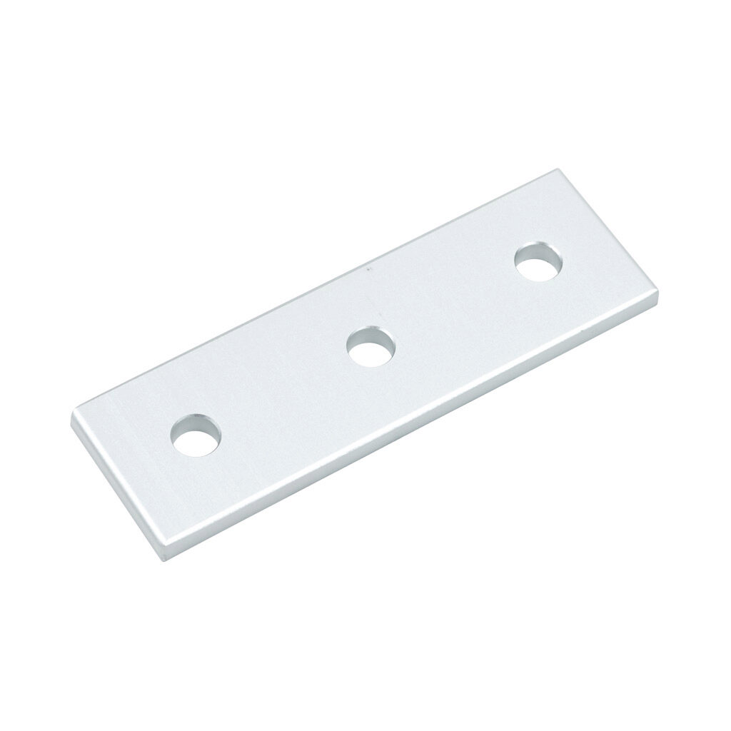 162986 - FATH straight flat plate, silver, 3 holes, anodized aluminum, slot size 8. For use with all 40mm and 80mm profile T-slotted rails. Manufacturer part number: 093VA40120.