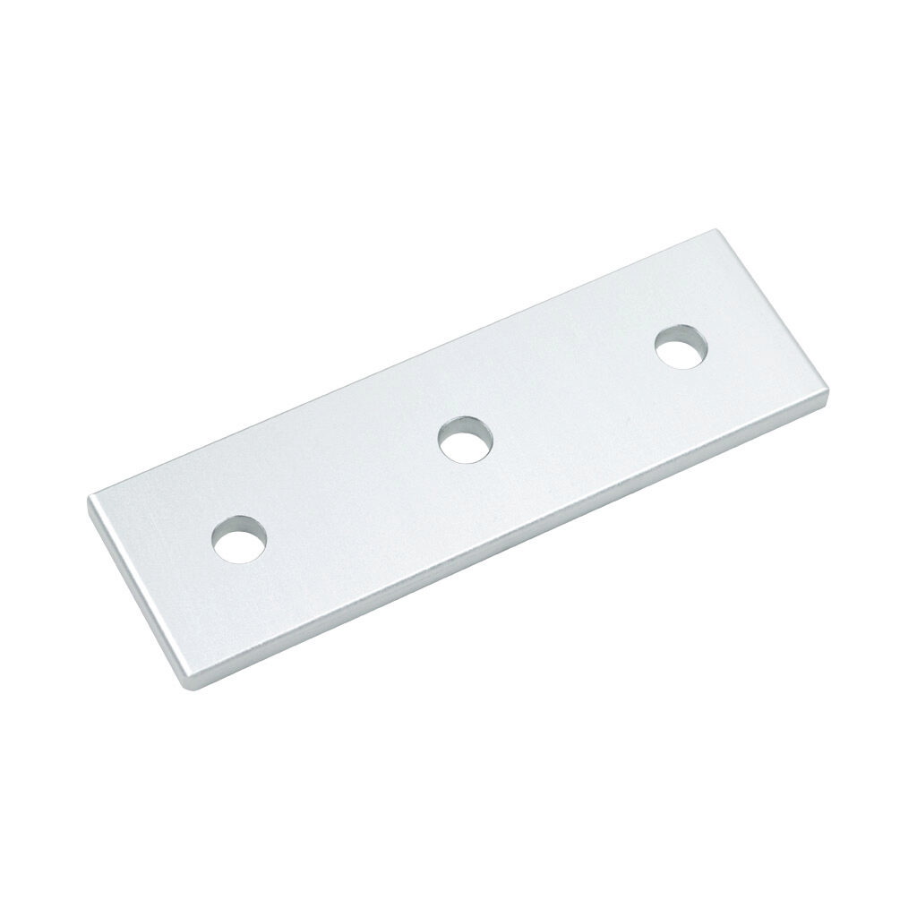 162987 - FATH straight flat plate, silver, 3 holes, anodized aluminum, slot size 10. For use with all 45mm and 90mm profile T-slotted rails. Manufacturer part number: 093VA45135.