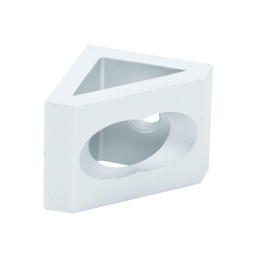 162989 - FATH gusseted inside corner bracket, silver, 90-degree, 2 holes, anodized aluminum, slot size 8. For use with all 30mm and 60mm profile T-slotted rails. Manufacturer part number: 093W8303N08.