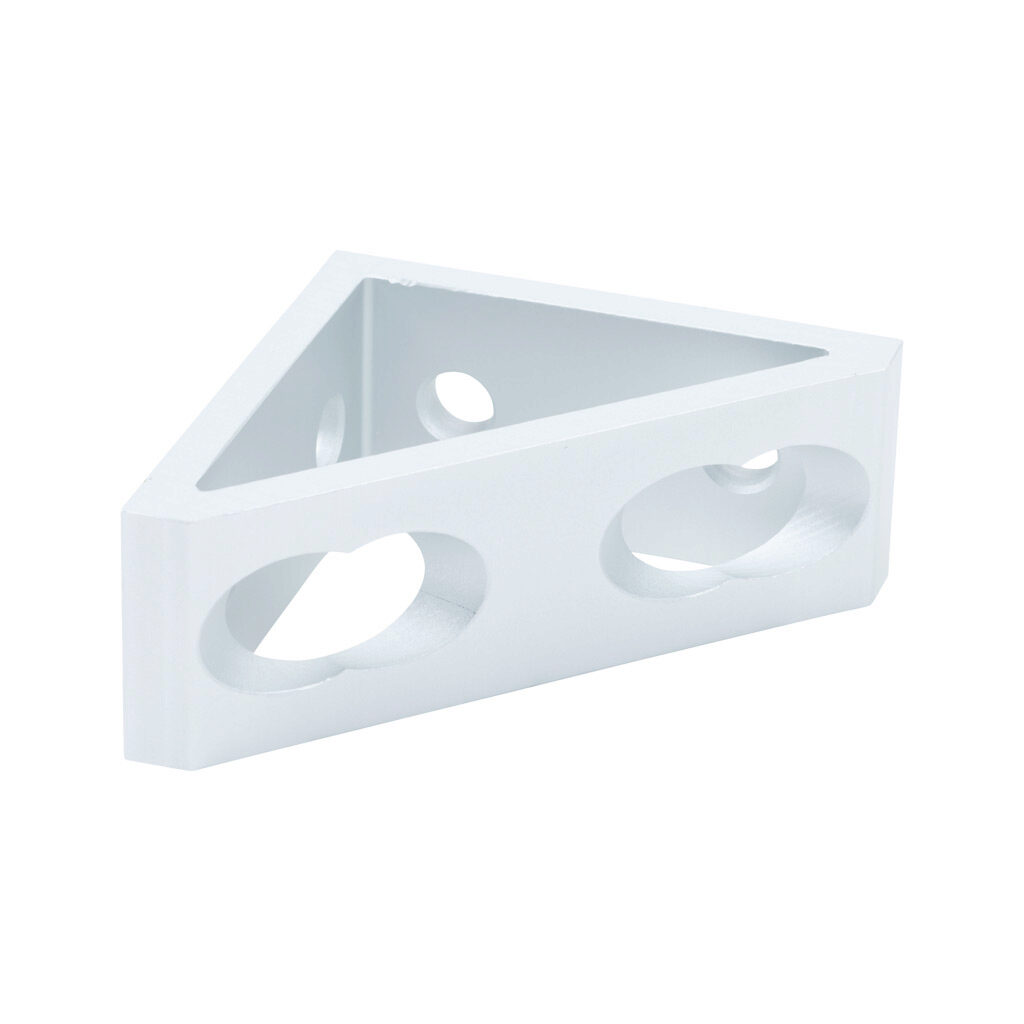 162990 - FATH tall gusseted inside corner bracket, silver, 90-degree, 4 holes, anodized aluminum, slot size 8. For use with all 30mm and 60mm profile T-slotted rails. Manufacturer part number: 093W8302N08.