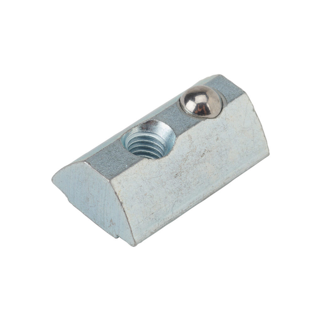 162996 - FATH roll-in nut, silver, 10-32 UNF, zinc plated steel, slot size 8. Package of 10. For use with all 1.5in, 3in, 40mm and 80mm profile T-slotted rails. Manufacturer part number: 09633U10-32.