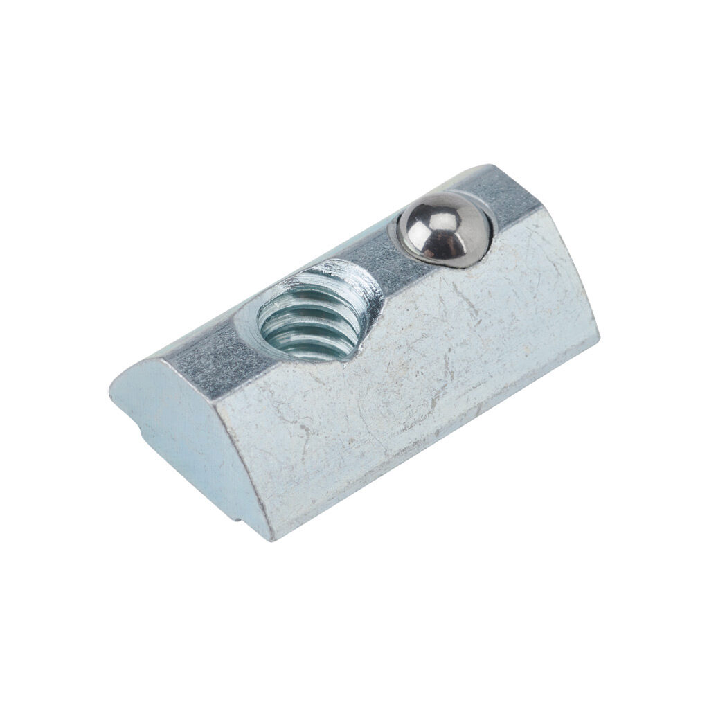 162997 - FATH roll-in nut, silver, 1/4-20 UNC, zinc plated steel, slot size 8. Package of 10. For use with all 1.5in, 3in, 40mm and 80mm profile T-slotted rails. Manufacturer part number: 09633U1/4.