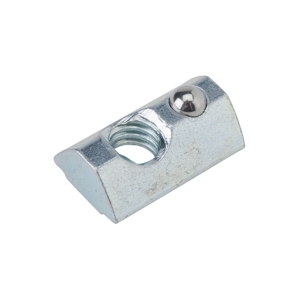162998 - FATH roll-in nut, silver, 5/16-18 UNC, zinc plated steel, slot size 8. Package of 10. For use with all 1.5in, 3in, 40mm and 80mm profile T-slotted rails. Manufacturer part number: 09633U5/16.