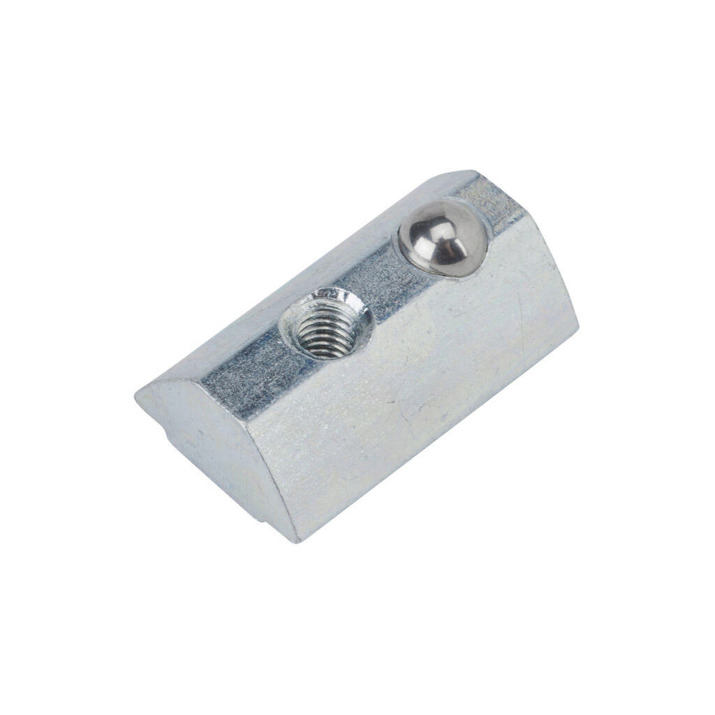 162999 - FATH roll-in nut, silver, M4-0.7, zinc plated steel, slot size 8. Package of 10. For use with all 1.5in, 3in, 40mm and 80mm profile T-slotted rails. Manufacturer part number: 096334.