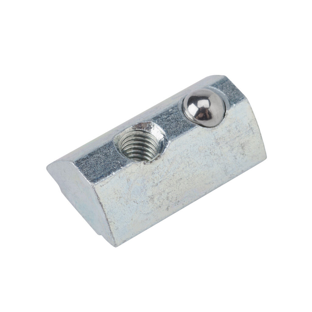163000 - FATH roll-in nut, silver, M5-0.8, zinc plated steel, slot size 8. Package of 10. For use with all 1.5in, 3in, 40mm and 80mm profile T-slotted rails. Manufacturer part number: 096335.
