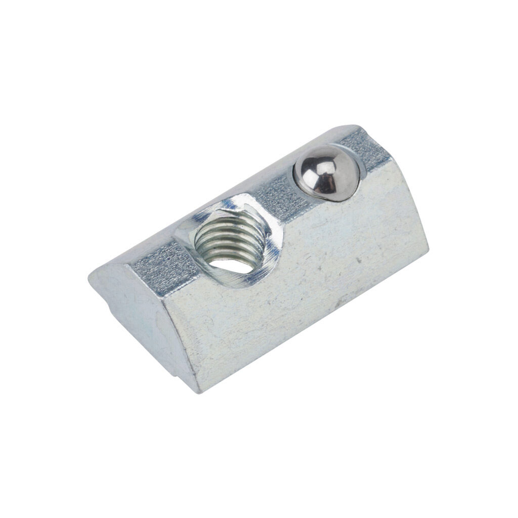 163001 - FATH roll-in nut, silver, M6-1.0, zinc plated steel, slot size 8. Package of 10. For use with all 1.5in, 3in, 40mm and 80mm profile T-slotted rails. Manufacturer part number: 096336.