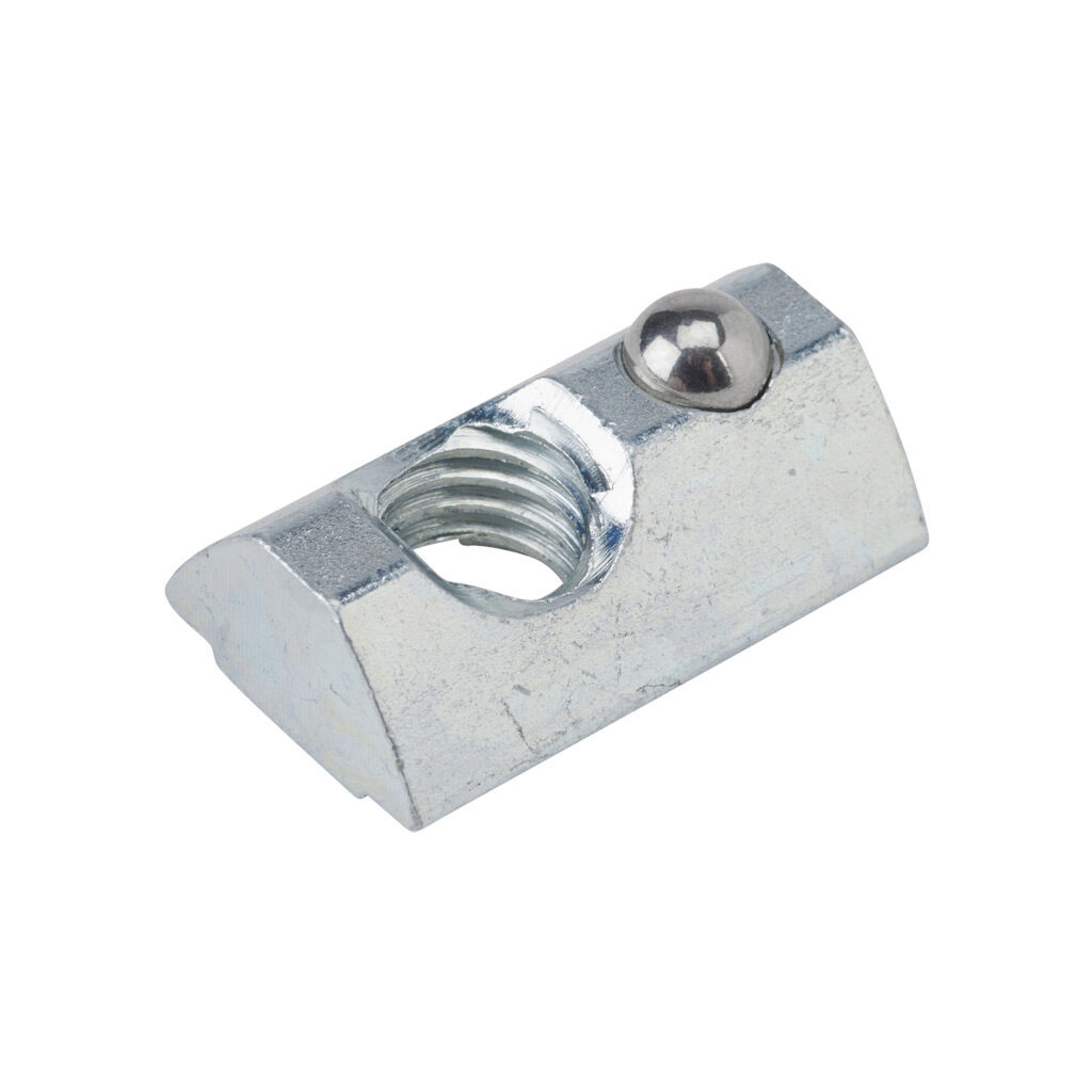 163002 - FATH roll-in nut, silver, M8-1.25, zinc plated steel, slot size 8. Package of 10. For use with all 1.5in, 3in, 40mm and 80mm profile T-slotted rails. Manufacturer part number: 096338.