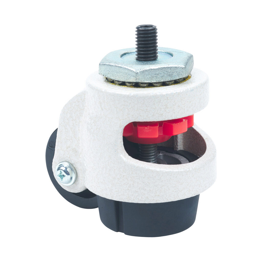 163010 - FATH leveling caster, off-white, M12-1.75, die-cast aluminum/steel/nylon/rubber, slot size 6/8/10. For use with all 1.5in, 2in, 3in, 60mm, 80mm and 90mm profile T-slotted rails. Mounting hardware included.