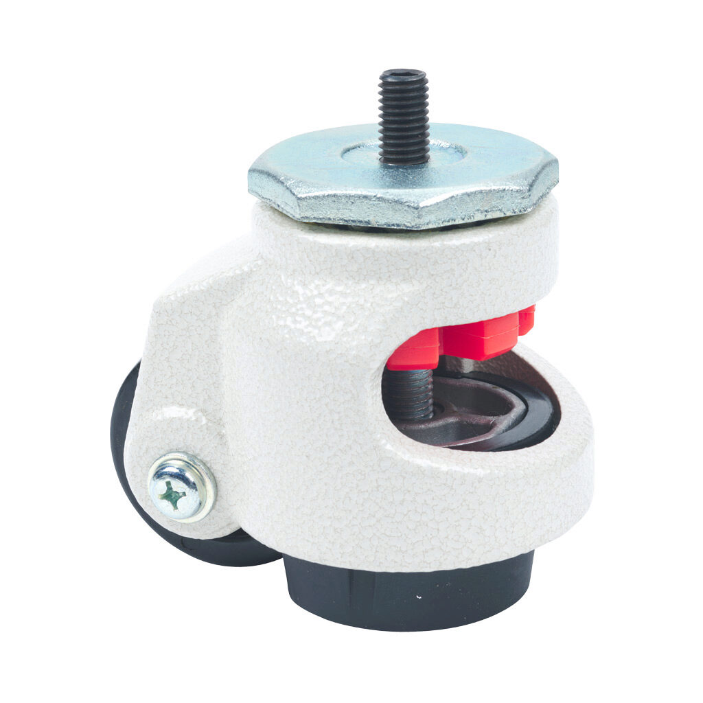 163011 - FATH leveling caster, off-white, M12-1.75, die-cast aluminum/steel/nylon/rubber, slot size 6/8/10. For use with all 1.5in, 2in, 3in, 60mm, 80mm and 90mm profile T-slotted rails. Mounting hardware included.