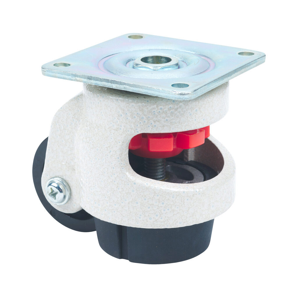 163012 - FATH leveling caster with mounting plate, off-white, 4 holes, die-cast aluminum/steel/nylon/rubber, slot size 6/8/10. For use with all T-slotted rails. Manufacturer part number: 098LF050AF073073.