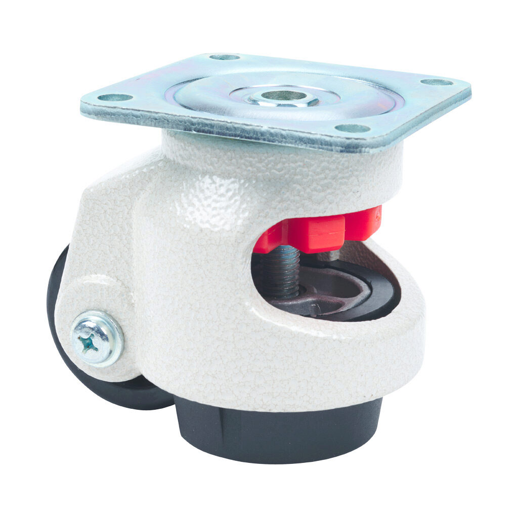 163013 - FATH leveling caster with mounting plate, off-white, 4 holes, die-cast aluminum/steel/nylon/rubber, slot size 6/8/10. For use with all T-slotted rails. Manufacturer part number: 098LF062AF090090.