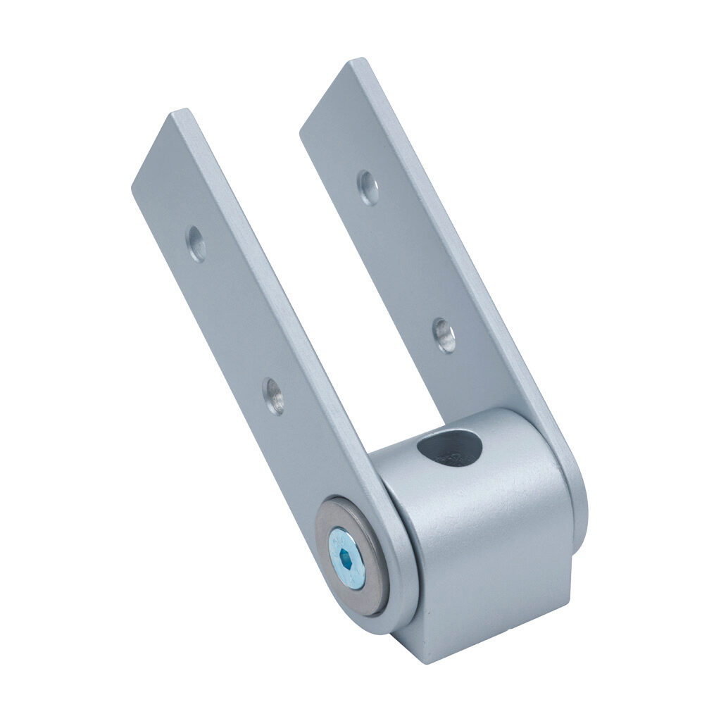 163016 - FATH 1-slot pivot joint, silver, 180-degree, die-cast zinc/die-cast aluminum/nylon, slot size 10. For use with all 45mm profile T-slotted rails. (2) slot keys included. Manufacturer part number: 093GV45.