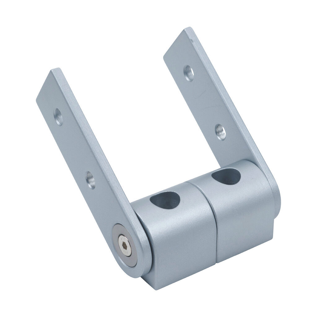 163018 - FATH 2-slot pivot joint, silver, 180-degree, die-cast zinc/die-cast aluminum/nylon, slot size 8. For use with all 80mm profile T-slotted rails. (4) slot keys included. Manufacturer part number: 093GV4080.