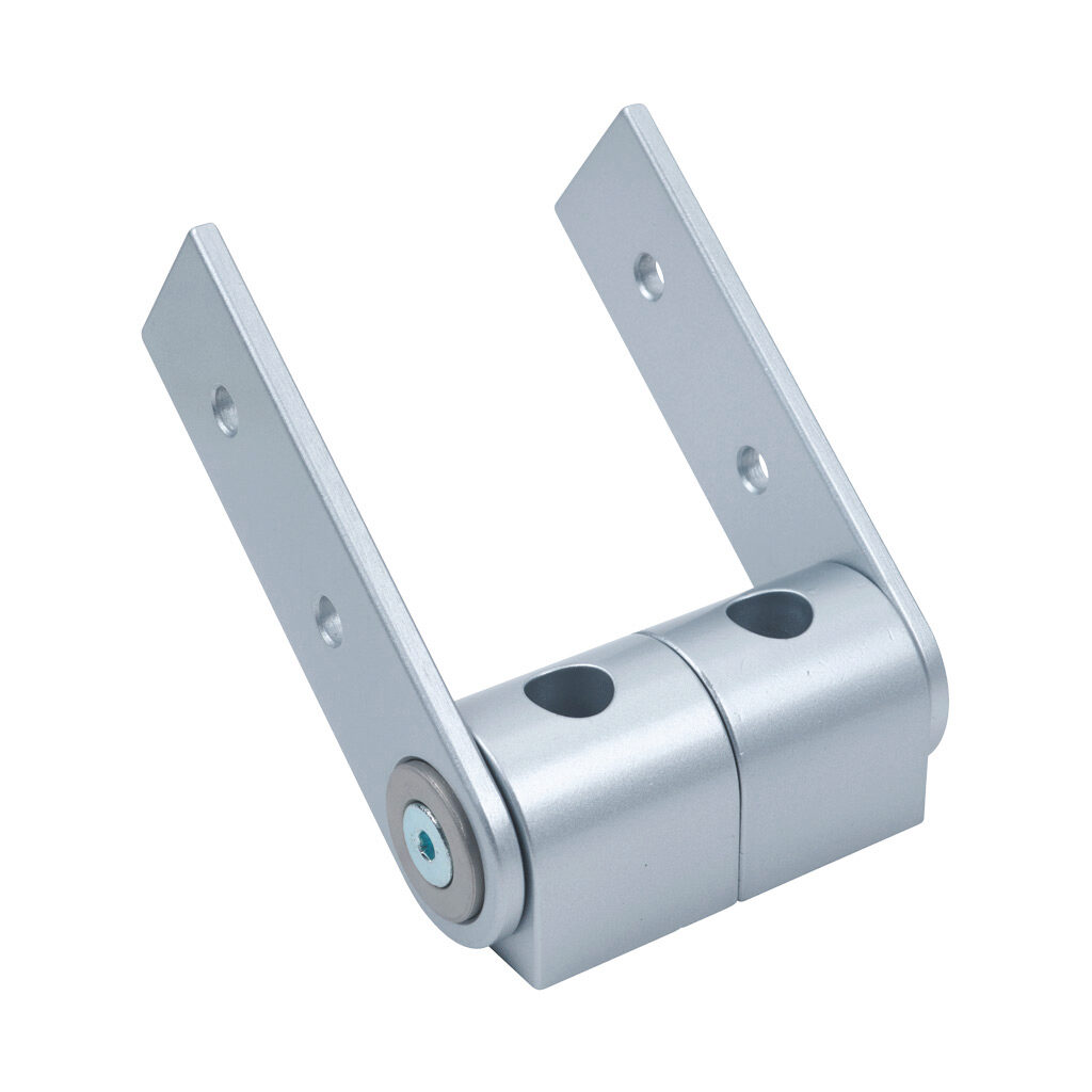 163019 - FATH 2-slot pivot joint, silver, 180-degree, die-cast zinc/die-cast aluminum/nylon, slot size 10. For use with all 90mm profile T-slotted rails. (4) slot keys included. Manufacturer part number: 093GV4590.