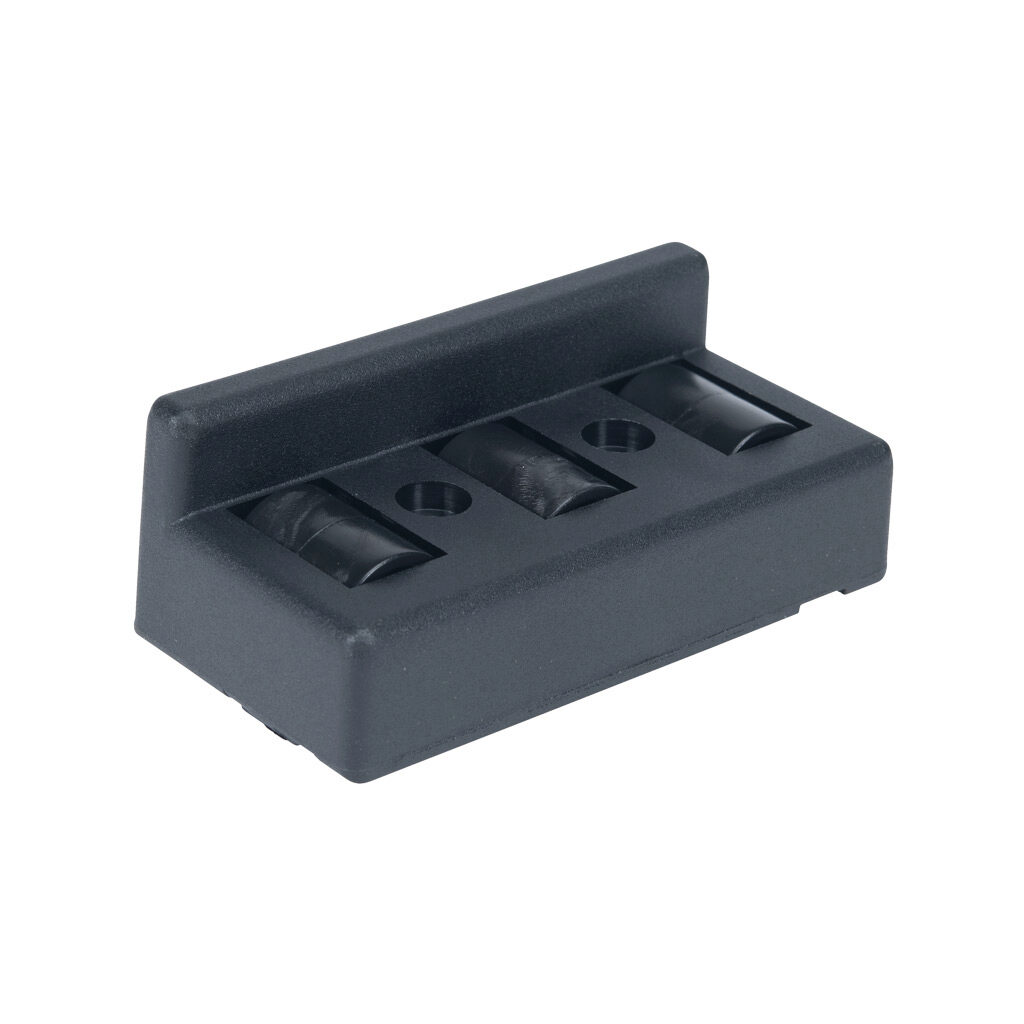 163022 - FATH roller element with guide, black, thermoplastic polyurethane/nylon/steel, slot size 10. For use with all 45mm and 90mm profile T-slotted rails. Mounting hardware included. Manufacturer part number: 09309304.
