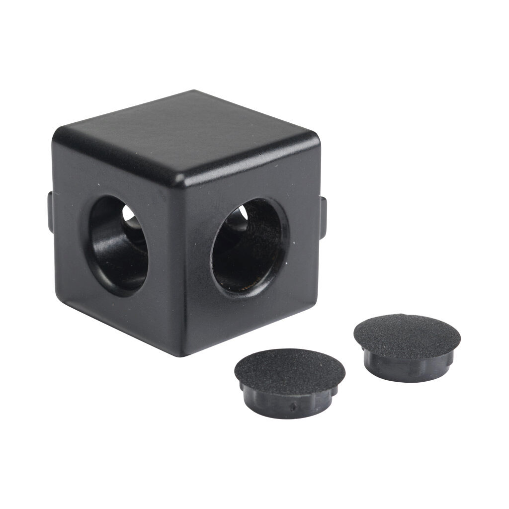 166230 - FATH 2D cube connector, black, 1 x 1 x 1in, die-cast aluminum, slot size 6. For use with all 1in and 2in profile T-slotted rails. Fasteners and (2) plastic cover caps included. Manufacturer part number: 093WW251N06S.