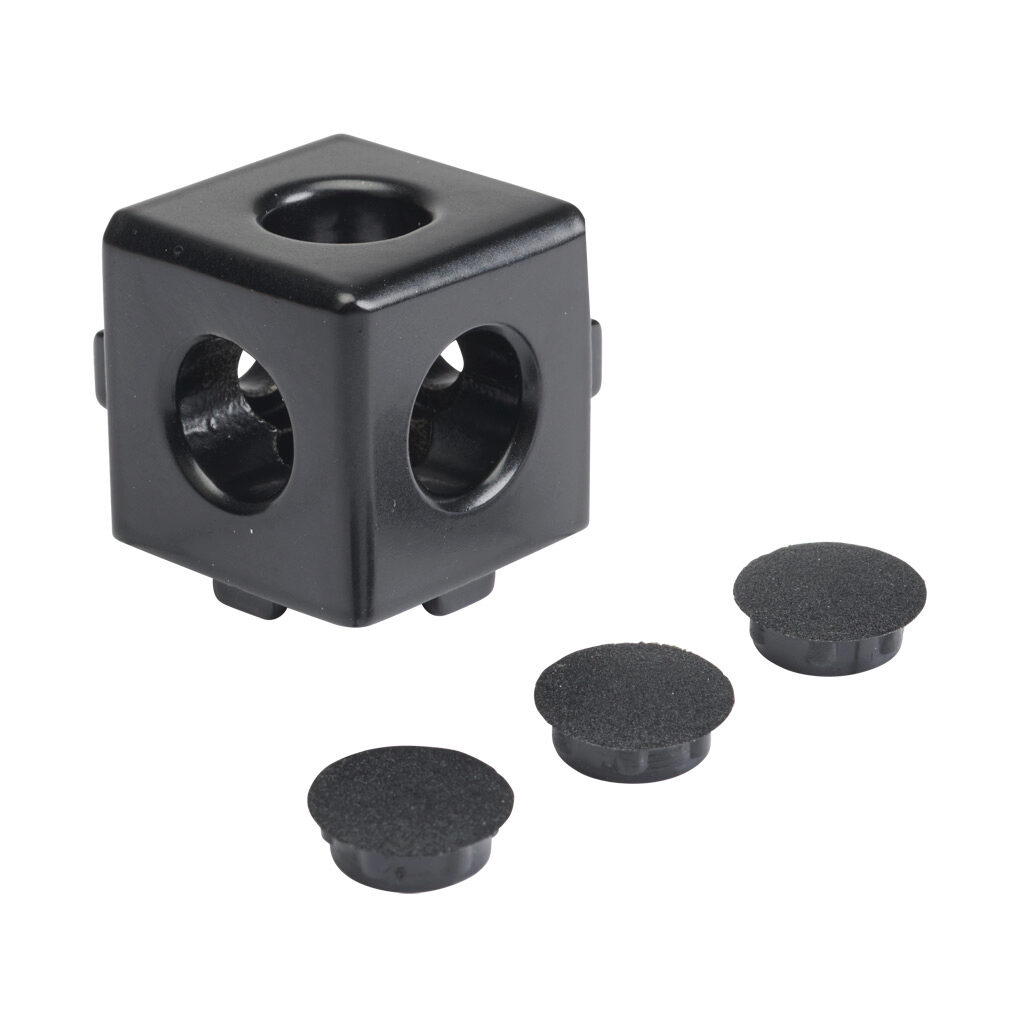 166231 - FATH 3D cube connector, black, 1 x 1 x 1in, die-cast aluminum, slot size 6. For use with all 1in and 2in profile T-slotted rails. Fasteners and (3) plastic cover caps included. Manufacturer part number: 093WW252N06S.