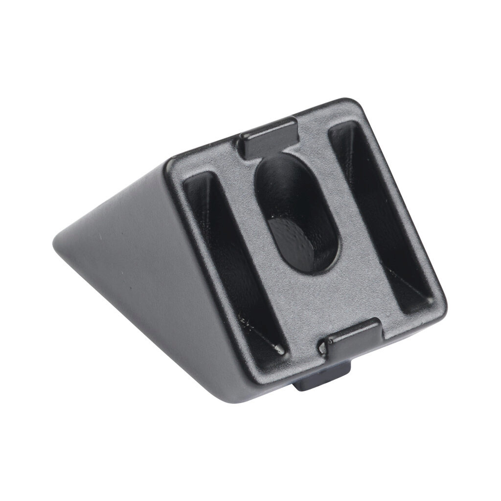 166232 - FATH angle connector, black, 45-degree, 1 x 1in, die-cast aluminum, slot size 6. For use with all 1in and 2in profile T-slotted rails. Fasteners included. Manufacturer part number: 093WS25145N6,5S.