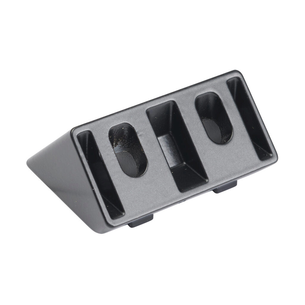 166233 - FATH angle connector, black, 45-degree, 1 x 2in, die-cast aluminum, slot size 6. For use with all 1in and 2in profile T-slotted rails. Fasteners included. Manufacturer part number: 093WS51145N6,5S.
